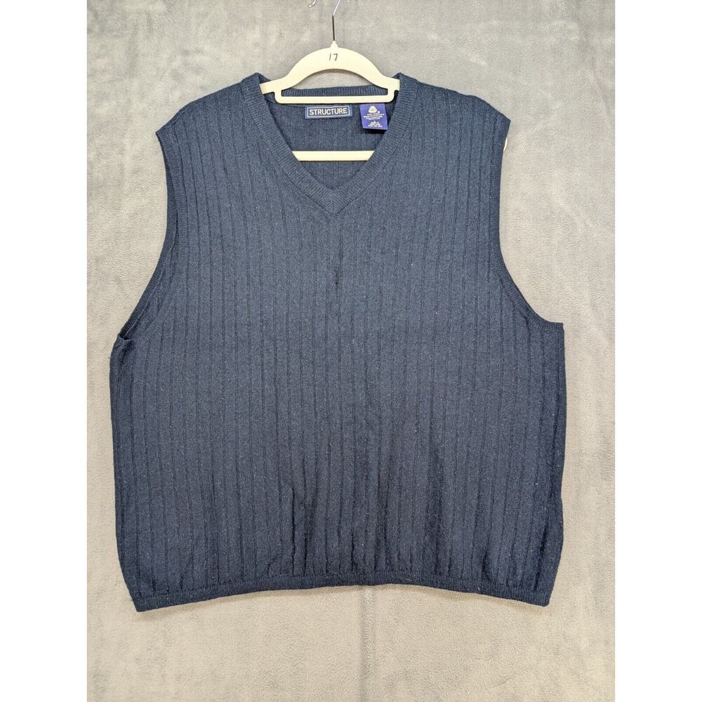 Mens Vintage Structure Sweater Vest Size L Navy Blue V-Neck Ribbed